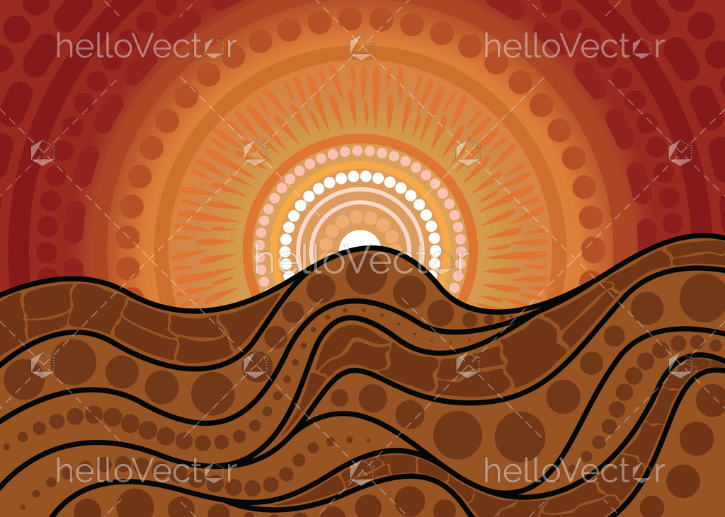 Nature concept, Aboriginal dot art vector painting depicting mountain ...
