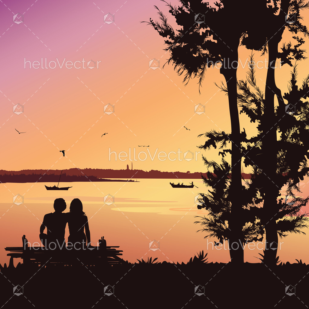 Couple sitting on the bench at sunset, Silhouette vector background ...
