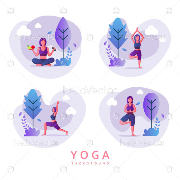 Girls Doing Yoga Health And Fitness Concept Banner Design Hello