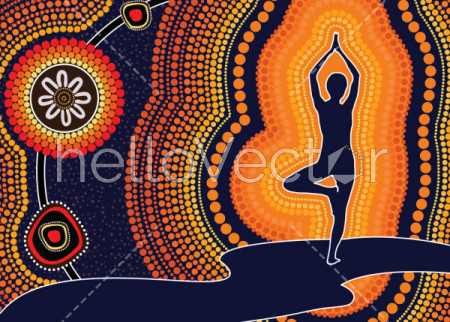 Illustration based on aboriginal style of dot background. Fitness and meditation concept