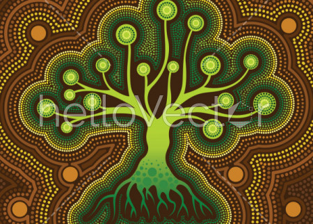 Aboriginal dot art vector painting with tree.