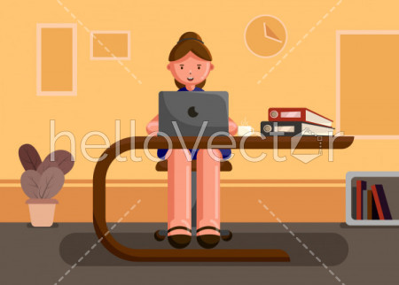 Cartoon girl sitting at the desk and working on computer - Vector illustration