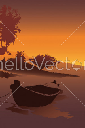 Boat stand at river shore vector. Portrait view background with sunset at the seashore, Nature wallpaper illustration.