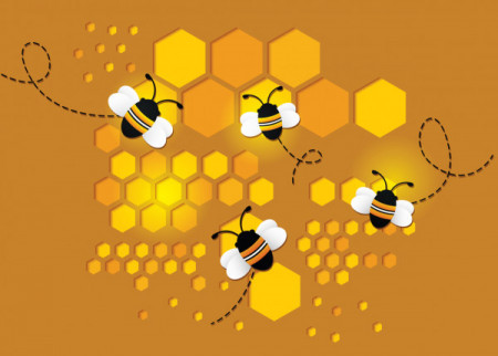 Flying bee on honeycomb paper cut design background