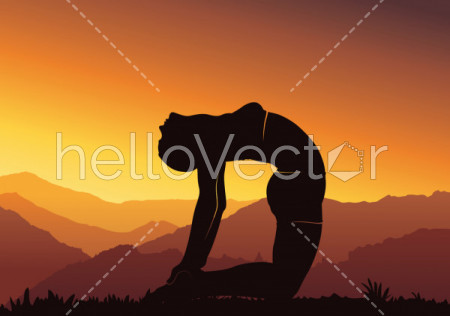 Yoga background. Young woman practicing yoga on mountain, silhouette - vector illustration