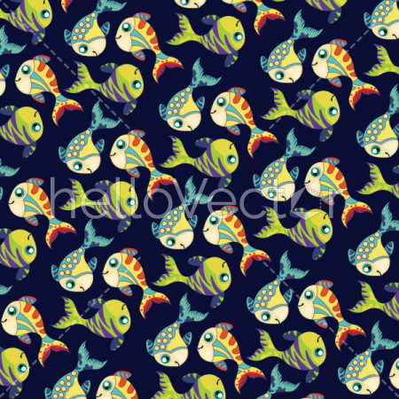 Fish background vector. Seamless pattern of fish on dark background.