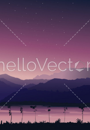 Nature background portrait view. Mountain with river under pink sky with stars - vector illustration