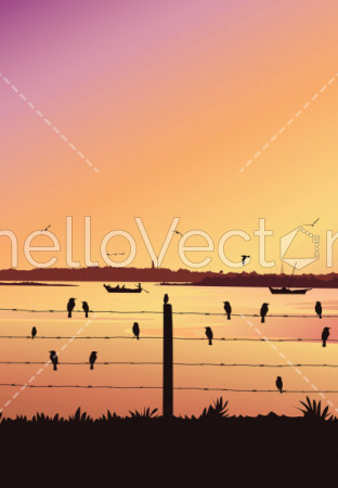 Nature background with river portrait view. Birds sitting on railing, Colorful sunset - Vector illustration