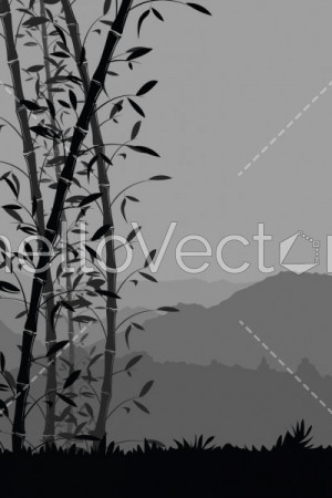 Nature background with bamboo portrait view. Black and white scenery mobile wallpaper - vector illustration