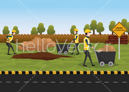 Road Construction Vector - The process of building a new road. Group of workers are repairing the road.