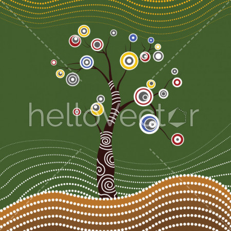 Tree on the hill, Aboriginal tree, Aboriginal art vector painting with tree