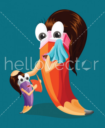 Mother blessing her daughter. Mother daughter love. Funny pencil character.