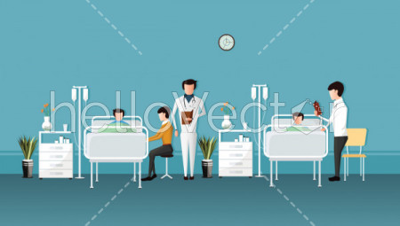 Doctor checking a patient in the hospital, Hospital room interior