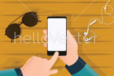 Hand holding mobile phone, Phone blank screen on table top view