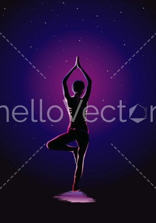 Yoga background vector illustration, Glowing outline of woman in yoga pose on dark background.