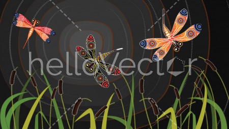 Dragonfly on cattails aboriginal art vector painting.