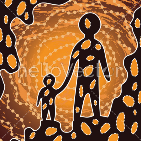 Aboriginal art vector painting - father and son concept
